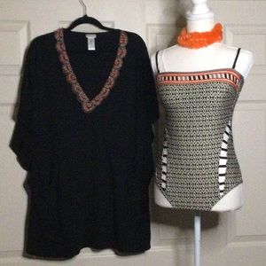 Kenneth Cole one piece swimsuit and Dottie beaded cover-up.